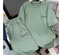 2 pezzi/set Maglietta a maniche corte e pantaloncini casual, versatili e comodi con stampa di lettere di alto valore per ragazzi adolescenti, stile urbano e casual 14Y,13Y,16Y,15YColore unicoPoliester