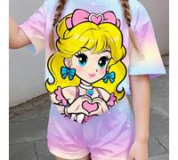 2 pezzi/set Maglietta a maniche corte e pantaloncini con stampa di principesse colorate e carine, adatti per outfit estivi, articoli estivi carini, stile coreano, comodi, eleganti per bambini, Y2K, Ka