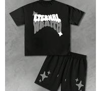 2 pezzi Set Maglietta a maniche corte e pantaloncini da uomo, con stampa grafica di testo bianco, in stile street L,M,S,XL,XXLGrafico,LettereTessuto,Poliestere