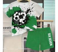 2 pezzi/set Maglietta a maniche corte girocollo con stampa graffiti, calcio bianco e nero, numero 67 abbinata a pantaloncini con motivo a lettere "SEI SETTE", grafica divertente, morbido e confortevol