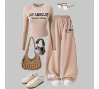 2 pezzi/set Maglietta a maniche lunghe con grafica Los Angeles e pantaloni in pile a gamba ampia, stile casual e minimalista per ragazze adolescenti, autunno/inverno 14Y,13Y,16Y,15YLetterePoliestere