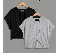 2 pezzi/set Maglietta casual di moda per ragazze pre-adolescenti per primavera/estate, con scollo rotondo, schiena scoperta e bordi a contrasto, adatta per il ritorno a scuola, coordinata con la mamma