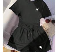 2 pezzi/set Maglietta casual e pantaloncini da donna stampati a tema cavaliere, adatto per l'estate L,M,S,XL,XS,XXSAnimale,RitrattoTessuto in maglia