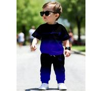 2 pezzi Set: maglietta con stampa grafica a lettere e sfumature e pantaloni, nero e blu, outfit casual alla moda per ragazzi, adatto per tutte le stagioni 6Y,7Y,4Y,5YLettere,stampa dappertuttoPolieste