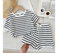 2 pezzi Set maglietta girocollo a righe e pantaloncini per bambina 6-9M,9-12M,12-18M,18-24M,2-3YA striscePoliestere