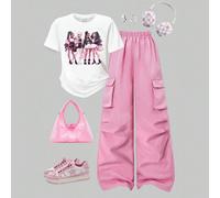 2 pezzi/set Maglietta girocollo con stampa di lettere + pantaloni cargo casual per ragazze pre-adolescenti, stile da strada, adatto per le vacanze estive 8Y,9Y,10Y,11Y,12YFumetto,GraficoPoliestere