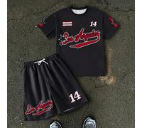 2 pezzi/set maglietta girocollo con stampa grafica di Los Angeles e pantaloncini con vita elastica per ragazzi adolescenti, abbigliamento casual, vestibilità morbida e comoda, adatto per autunno, prim