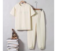 2 pezzi/Set Maglietta in tessuto di cotone color albicocca abbinata a pantaloni dello stesso colore per ragazzi adolescenti, tessuto morbido e confortevole, adatto per primavera/autunno, adatto per us