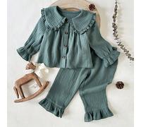 2 pezzi Set manica lunga per bambine, con colletto Peter Pan adorabile e bordo arricciato, chiusura a scatto anteriore per vestire facilmente, polsini e vita elasticizzati, orlo arricciato comodo, in