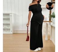 2 pezzi Set Maternità: Top a Spalle Scoperte con Orlo Asimmetrico a Tinta Unita e Pantaloni a Gamba Larga con Vita Regolabile, Abbigliamento Casual Quotidiano Coppa del Mondo L,M,S,XL,XS,XXL,XXS,XXXL,