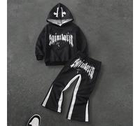 2 pezzi/Set Moda ragazzo stile casual sportivo, top con cappuccio nero con stampa inglese digitale e pantaloni con vita elastica e stampa inglese. Mostra il fascino giovanile, adatto per bambini di 4-