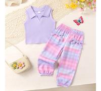 2 pezzi/set, morbido e confortevole, elegante casual, alla moda e carino, top canotta in maglia minimalista abbinato a pantaloni con vita elastica a quadri sfumati con fiocco decorativo, adatto per us