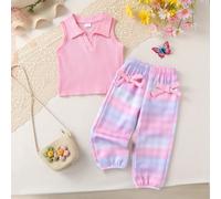 2 pezzi/set, morbido e confortevole, elegante casual, alla moda e carino, top canotta in maglia minimalista abbinato a pantaloni con vita elastica a quadri sfumati con fiocco decorativo, adatto per us