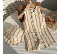 2 pezzi/set Neonato/Neonata Casual Carino Tuta senza maniche a righe e cappello da sole, Primavera/Estate 6-9M,9-12M,12-18M,18-24M,2-3Y,0-1M,1-3M,3-6MA striscePoliestere