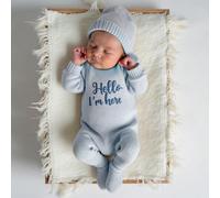 2 pezzi Set Neonato Tutina e Cappello Blu Navy con Grafica Ricamata "Hello I'm Here" Divertente, Outfit per Servizio Fotografico Neonato, Accessori Autunnali 0-1M,1-3MLettereAcrilica
