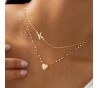 2 pezzi/set Nuova collana alla moda con pendente a forma di cuore e lettera, collana multistrato in catena d'acciaio inossidabile dorato con labbra per donne L,M,S,H,A,T,O,B,C,D,E,F,G,I,J,K,N,P,R,V,W,