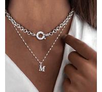2 pezzi/set Nuova collana alla moda in acciaio inossidabile con ciondolo a lettera e chiusura a molla rotonda, multistrato, per donne L,M,S,H,A,T,O,B,C,D,E,F,G,I,J,K,N,P,R,V,W,Y,ZAcciaio inossidabile