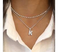 2 pezzi Set Nuova Collana con Catena per Labbra e Collo in Acciaio Inossidabile Argento con Lettere Bubble, per Donne L,M,S,H,A,T,O,B,C,D,E,F,G,I,J,K,N,P,R,V,W,Y,ZAcciaio inossidabile