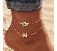 2 pezzi/set Nuova moda Iniziale Occhio Mano di Fatima Catena di perline in acciaio inossidabile dorato Cavigliere per donne L,M,S,H,A,T,O,B,C,D,E,F,G,I,J,K,N,P,R,V,W,Y,ZAcciaio inossidabile