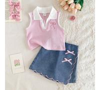2 pezzi/set Nuova tuta estiva per bambine, composta da top a gilet con colletto in tessuto lavorato a maglia color albicocca, con applicazioni a cuore, e gonna di jeans con balza e ricamo di ciliegie,