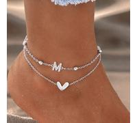 2 pezzi/Set Nuovi Braccialetti alla Caviglia da Donna alla Moda con Cuore & Iniziale, Catena a Perline in Acciaio Inossidabile Dorato Stratificata L,M,S,H,A,T,O,B,C,D,E,F,G,I,J,K,N,P,R,V,W,Y,ZAcciaio 