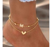 2 pezzi/set Nuovo design alla moda con cuore e lettera, braccialetto alla caviglia multistrato in acciaio inossidabile con perline per donne L,M,S,H,A,T,O,B,C,D,E,F,G,I,J,K,N,P,R,V,W,Y,ZAcciaio inossi