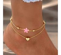2 pezzi/set Nuovo design alla moda di cuore, lettera e fiore Cavigliera da donna, cavigliera multistrato in acciaio inossidabile dorato con perline L,M,S,H,A,T,O,B,C,D,E,F,G,I,J,K,N,P,R,V,W,Y,ZAcciaio