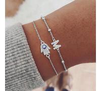 2 pezzi Set Nuovo Minimalista Lettera Mano di Fatima Occhio Pendente, Braccialetto Multifilo in Acciaio Inossidabile Argento alla Moda, Per Donna L,M,S,H,A,T,O,B,C,D,E,F,G,I,J,K,N,P,R,V,W,Y,ZAcciaio i