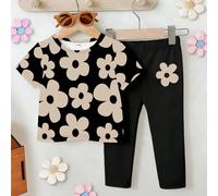 2 pezzi/set Outfit bambina, Maglietta a maniche corte con scollo rotondo e stampa floreale carina, Leggings neri, Adatto per uscite in primavera/estate, stagione delle vacanze 6-9M,9-12M,12-18M,18-24M