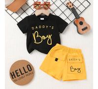 2 pezzi/Set Outfit carino per bimbo, maglietta a maniche corte con stampa "Daddy's Little Boy" e pantaloncini sportivi in vita elastica, morbidi e comodi, adatti per uso quotidiano, attività all'apert