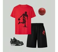 2 pezzi/Set Outfit casual alla moda per ragazzi adolescenti, incluso 1 T-shirt a maniche corte con scollo tondo rossa con stampa grafica di pallacanestro e 1 pantaloncini neri da basket, adatto per us
