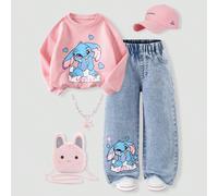2 pezzi/Set Outfit casual carino per ragazze, consigliato per la scuola e lo stile di strada: Felpa girocollo rosa a maniche lunghe con stampa blu di conigli e cuori, abbinata a jeans a gamba dritta b