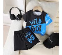 2 pezzi/Set Outfit casual da esterno per neonato maschio, maglietta a maniche corte con grafica "Wild Boy" a nuvole e cielo, abbinata a pantaloncini neri, adatto per primavera, estate, autunno, viaggi