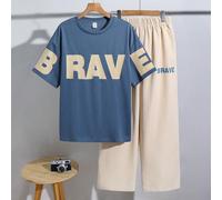 2 pezzi/set Outfit casual da ragazzo adolescente in stile college, con stampa minimalista di lettere su maglia girocollo blu, adatto per estate, sport, corsa, attività all'aperto, scuola, casa, uso qu