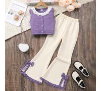 2 pezzi/set Outfit casual di moda per ragazze pre-adolescenti, composto da top smanicato con colletto alla Peter Pan e pantaloni larghi e morbidi, adatto per primavera/estate 8Y,9Y,10Y,11Y,12YPolieste