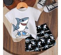 2 pezzi/Set Outfit casual e confortevole per ragazzo giovane, tuta sportiva, stampa grafica di squalo e mostro marino, design stampato all-over, adatto per primavera/estate, abbigliamento casual, rito