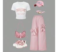 2 pezzi/set Outfit casual e dolce da ragazza, incluso 1 pezzo di top a maniche corte con decorazione minimalista a lettera e fiocco, e 1 pezzo di pantaloni a gamba larga con accento a fiocco rosa, ada