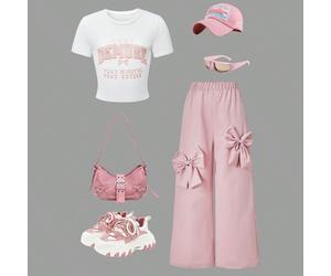 2 pezzi/set Outfit casual e dolce da ragazza, incluso 1 pezzo di top a maniche corte con decorazione minimalista a lettera e fiocco, e 1 pezzo di pantaloni a gamba larga con accento a fiocco rosa, ada