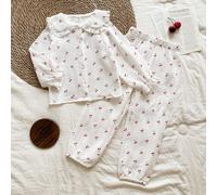 2 pezzi/Set Outfit casual in cotone e lino per bambine, con colletto Peter Pan, maniche lunghe, stampa floreale, motivo carino a ciliegie, adatto per la stagione di transizione 6Y,7Y,4Y,5YFrutta & ver