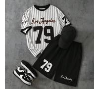 2 pezzi/set Outfit casual per ragazzi adolescenti, composto da maglietta a maniche corte con stampa a righe di calcio e Los Angeles, e pantaloncini, adatto per primavera/estate 14Y,13Y,16Y,15YLettere,