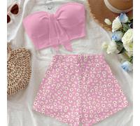 2 pezzi/set Outfit da donna con stampa floreale rosa margherita, adatto per l'estate L,M,S,XSColore unicoTessuto in maglia