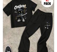 2 pezzi/Set Outfit da ragazzo con maglietta a maniche corte girocollo con stampa orso cool e pantaloni a gamba larga con vita elastica, adatto per primavera, autunno ed estate 6Y,7Y,8Y,9Y,10Y,4Y,5Y,14