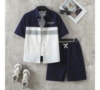 2 pezzi/Set Outfit da Ragazzo Elegante, include Camicia a Maniche Corte con Colletto + Pantaloncini Blu, Versatile per Occasioni Formali, Business, Casual, Eleganti, Adatto per Feste di Compleanno, Us