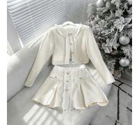 2 pezzi/set Outfit elegante da donna per pendolarismo e feste, giacca con bottoni decorati con perle finte e maniche lunghe, gonna a-line con zip, autunno/inverno L,M,S,XLColore unicoTessuto intreccia