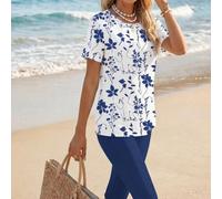 2 pezzi/set Outfit estivo casual e minimalista, elegante e retrò, con motivo floreale blu navy, adatto per la spiaggia e le vacanze, composto da maglietta e leggings per donna L,M,S,XLFloreale,PianteT