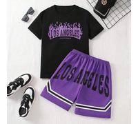 2 pezzi/set Outfit estivo casual per ragazzi adolescenti, composto da maglietta a maniche corte in maglia con stampa a lettere "Los Angeles Flame" e pantaloncini 8Y,9Y,10Y,14Y,11Y,12Y,13Y,16Y,15YTessu