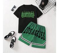 2 pezzi/set Outfit estivo casual per ragazzi adolescenti, composto da maglietta a maniche corte in maglia con stampa a lettere "Los Angeles Flame" e pantaloncini 8Y,9Y,10Y,14Y,11Y,12Y,13Y,16Y,15YTessu