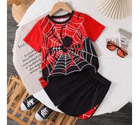 2 pezzi/Set Outfit estivo per ragazzi giovani, include T-shirt a maniche corte con stampa ragno e collo rotondo e pantaloncini sportivi neri con bordo rosso, adatto per uso casual quotidiano, scuola, 