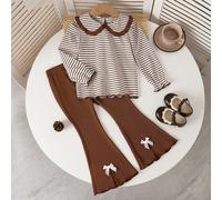 2 pezzi/set Outfit per ragazze giovani per il ritorno a scuola, composto da top a maniche lunghe con colletto a volant a righe + pantaloni a zampa con fiocco decorativo di colore unito 6Y,7Y,8Y,4Y,5Y,