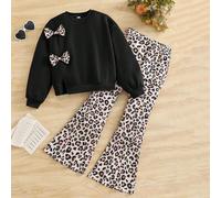 2 pezzi/Set Outfit per ragazze pre-adolescenti, ragazze giovani e adolescenti. Maglione lavorato a maglia con collo rotondo, stampa leopardata 3D e fiocco, abbinato a pantaloni a zampa di leopardo lav